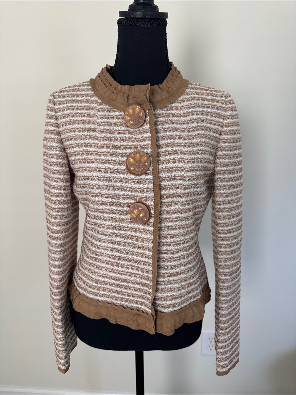 Lanvin Womens Beige & Cream Striped Tweed Jacket Blazer 38